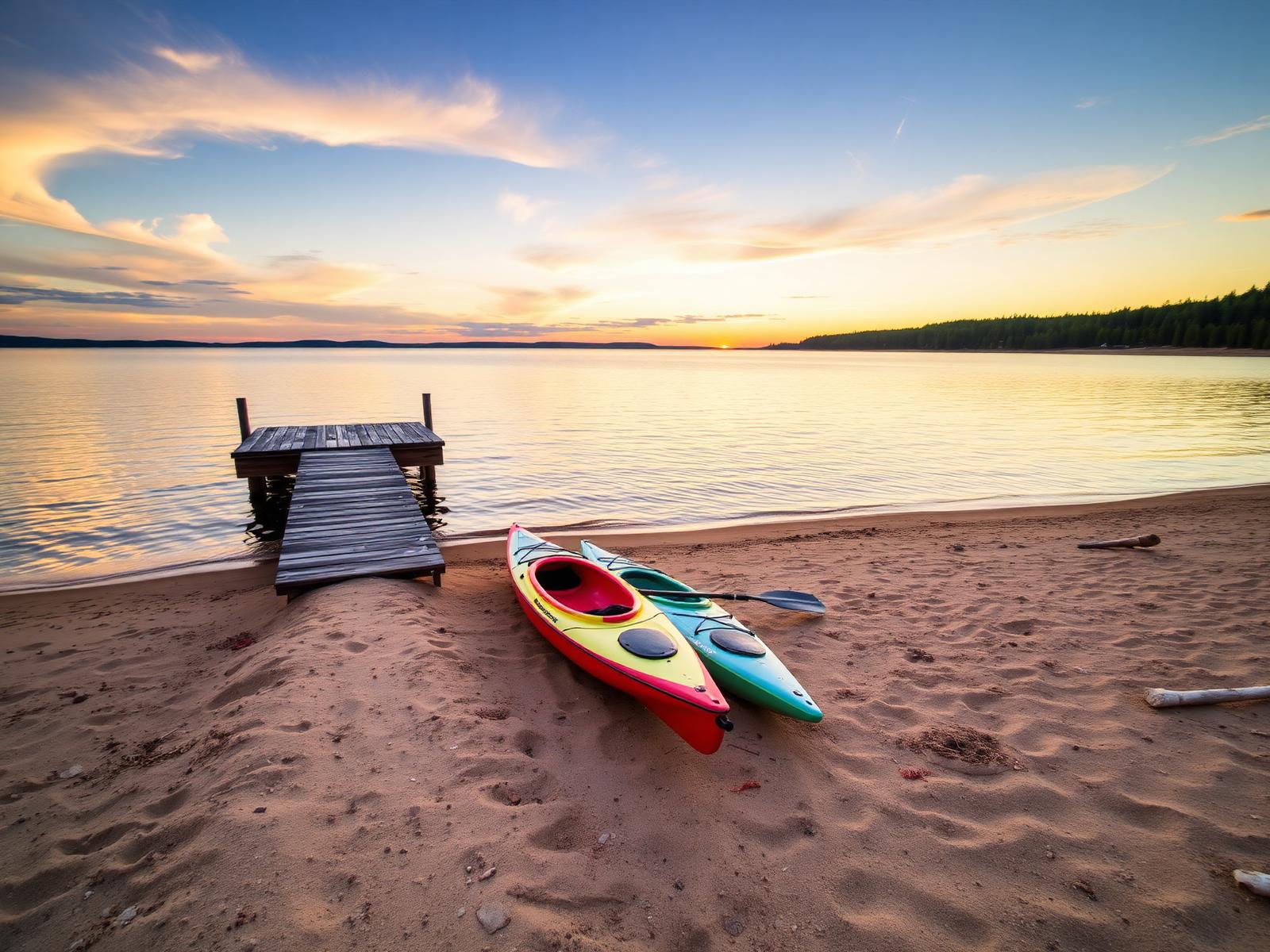Wooden dock and kayaks on the lakeshore at sunset