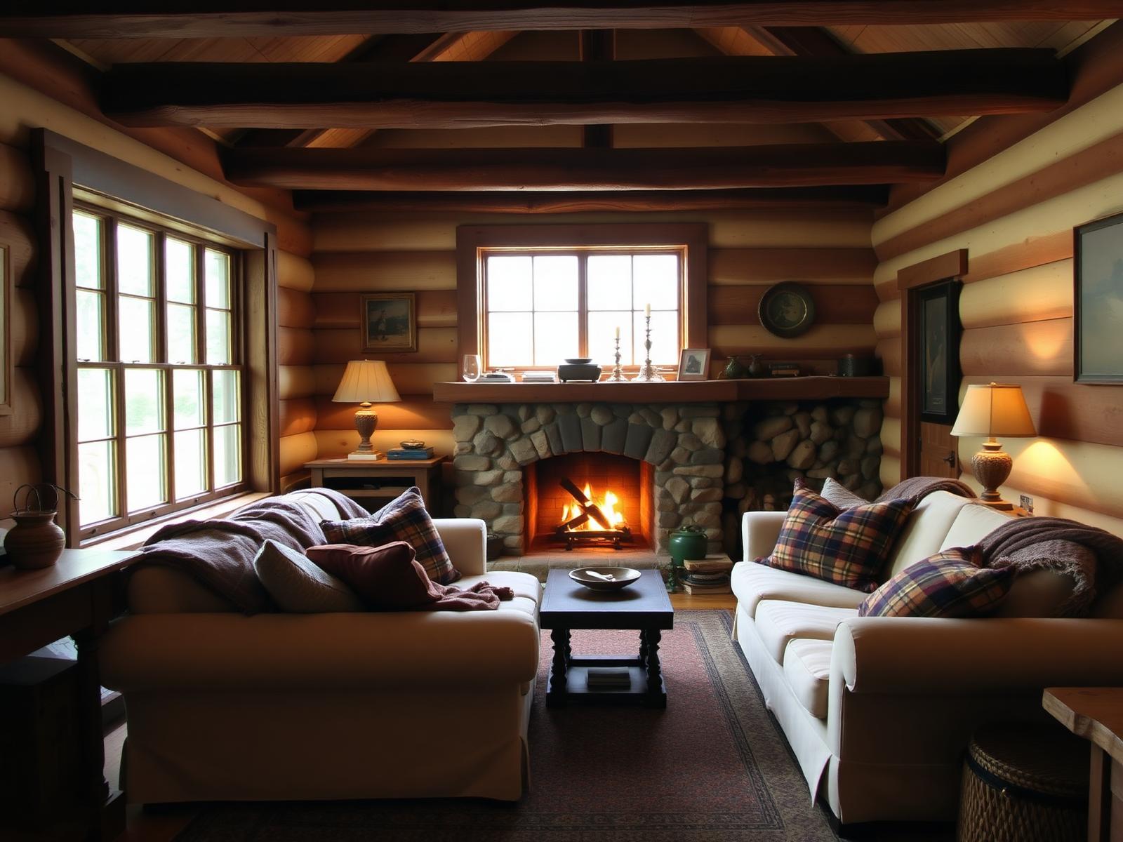 Cozy cottage living room with stone fireplace